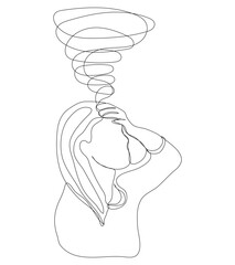 Sketch problem concept minimal woman emotion stress headache drawing line art. Female unhappy depress hand drawn continuous line concept with white isolated background. Abstract,vector,illustration.