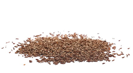 Cumin seeds pile, caraway grains isolated on white background, side view