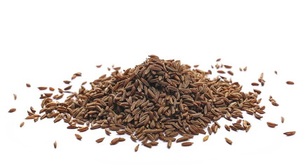 Cumin seeds pile, caraway grains isolated on white background, side view	