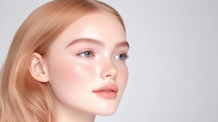 Obraz premium Close up of woman with peach blonde wavy hair and glowing skin, clean pastel background with fresh dewy makeup, soft and elegant beauty portrait with minimal styling
