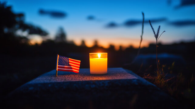 Memorial day candle and american flag remembering fallen heroes night