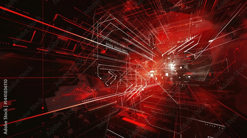 Poster abstract red circuit board pattern with glowing lights on dark background. the red hues and light ef