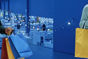 Obraz premium Shopping experience during evening hours with colorful bags in a vibrant market setting Generative AI