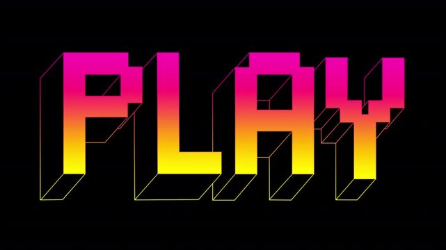 Pixel neon gradient play word animation. Voxel block iridescent music or game title banner on a transparent alpha channel.
