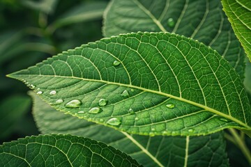 Fototapeta premium Raindrops delicately resting on lush green leaves in a tranquil garden during a vibrant spring morning Generative AI