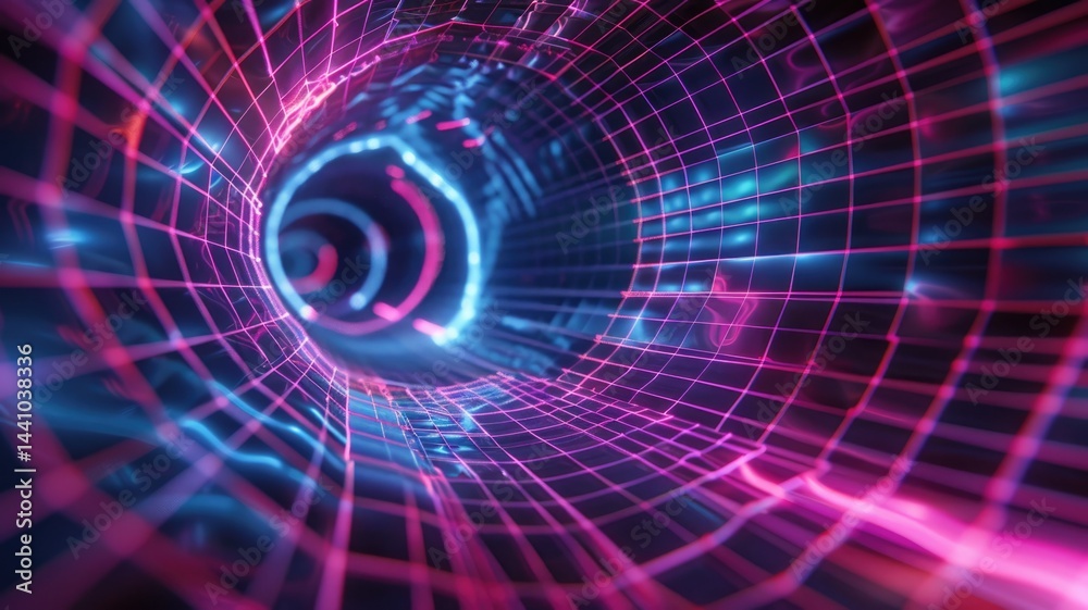 Poster abstract digital image of a colorful vortex with grid patterns on a dark background. digital artwork