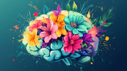 A colorful brain adorned with vibrant flowers, symbolizing creativity and growth. Thought Bloom. Illustration