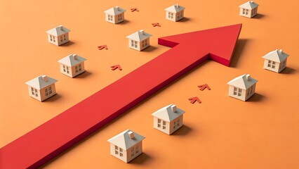 Rising Real Estate Trends: A visual representation of upward growth in the real estate market, symbolizing the increasing value of houses with an upward red arrow.
