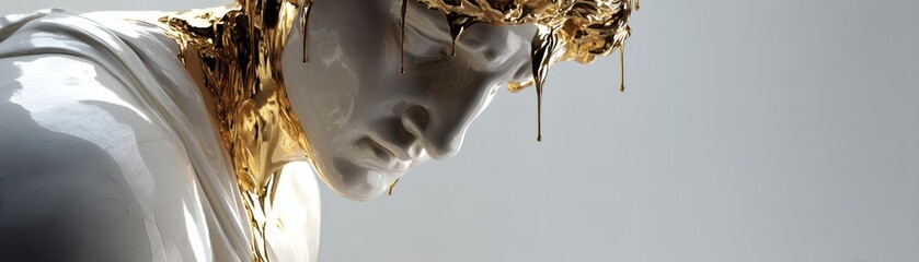 A unique golden statue with an elegant and artistic design. The statue, which depicts a person, is intricately detailed with flowing gold accents, creating a captivating visual contrast.