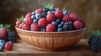A bowl brimming with fresh colorful berries including red blue and black varieties perfect