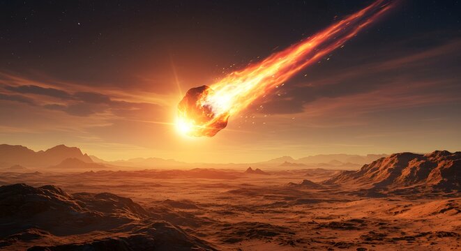 Meteor impact landscape orange sky fiery comet space rock celestial event cosmic collision asteroid strike