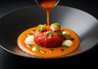 Artistic plating of deconstructed tomato soup, clear tomato consomm&eacute; being poured around mound of compressed tomato flesh