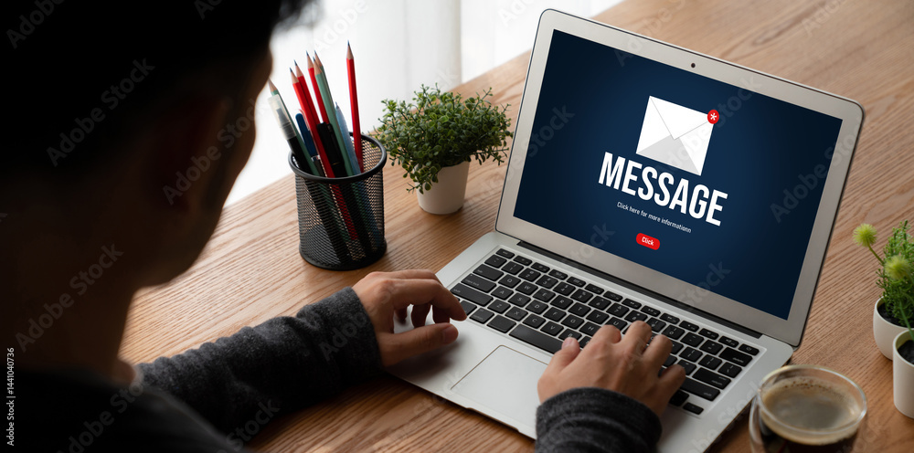 Poster email notification message showing on computer screen snugly. digital marketing message information 