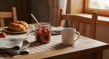 Morning breakfast with strawberry jam, bread, and hot coffee on table near window light, cozy breakfast scene