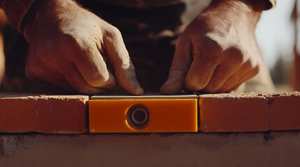 Construction Worker Using Level Tool on Bricks