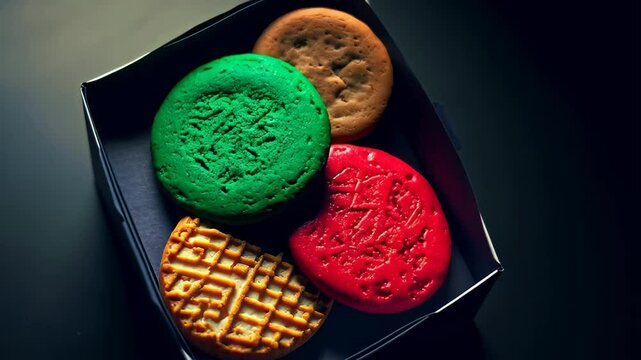 Top view of a square box filled with four cookies in vivid green, red, yellow, and classic brown, placed on a moody black gradient surface.