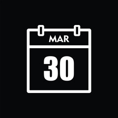 calender icon, 30 march icon with black background	
