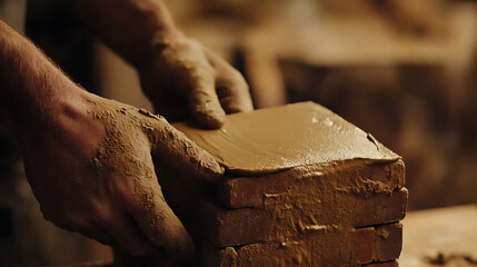 Hands Shaping Clay into Bricks