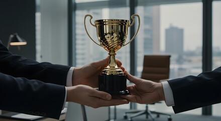 Golden trophy award being presented for recognition of achievement and business success concept