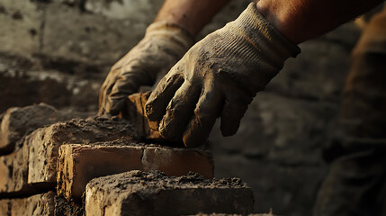 Construction Worker Laying Bricks