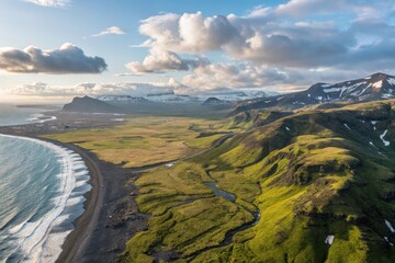 Majestic landscape of Iceland with lush hills, black sand beach, and dramatic sky inviting exploration at sunset Generative AI