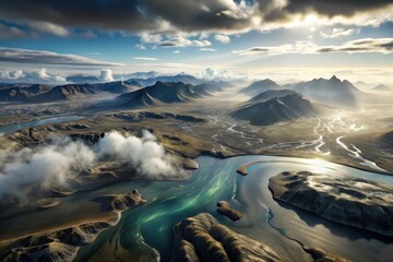 Majestic aerial view of rugged mountains, winding rivers, and vibrant landscapes under a dramatic sky at dawn Generative AI