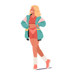 Pretty young woman cartoon character wearing clothing from 80s isolated on white background