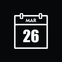 calender icon, 26 march icon with black background	