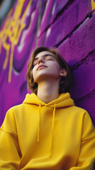 Teen meditating in silence against a vibrant purple wall  