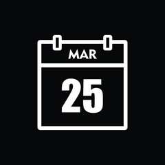 calender icon, 25 march icon with black background	