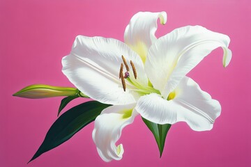 Obraz premium Exquisite white lily against a vibrant pink background.