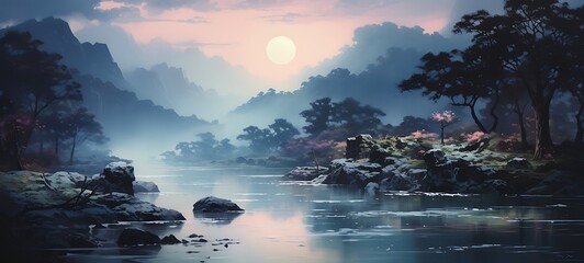 A brightness misty morning by the river dragon, ai generative