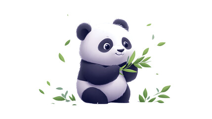Fototapeta premium Adorable Panda Holding Bamboo Leaves Cute Animal Illustration for Nature and Wildlife Themes