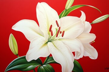Obraz premium Vibrant depiction of a single, elegant white lily against a bold red backdrop.