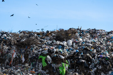 A large mound of waste is visible at a landfill site, with various types of trash scattered and...