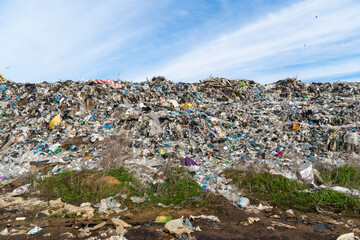 Mountains of trash and debris litter this expansive landfill, showcasing environmental challenges...