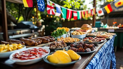A stunning image of delicious food from around the world served buffet style on a table outdoors with international flags hanging in the background.