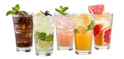 Assortment of refreshing cocktails with ice and fruit garnish in tall clear glasses on a white background, png