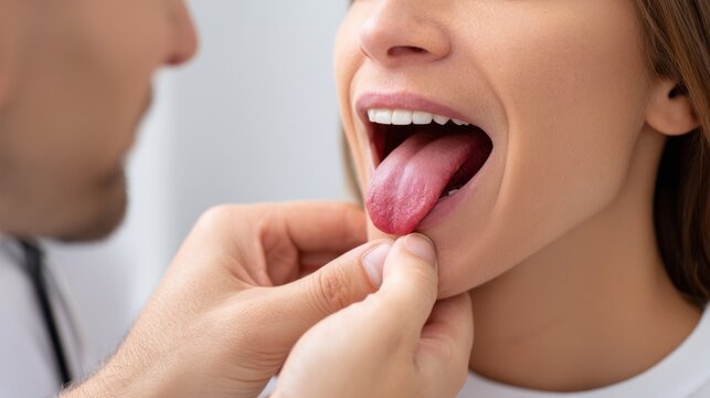 Doctor examining woman's tongue, checking for abnormalities, potential infections.