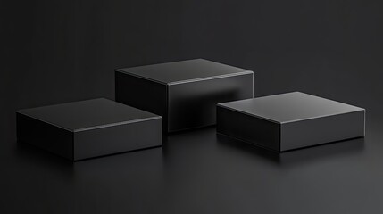 Three black square stands of different heights on black background Platforms for presentation of products and cosmetics Concept of the beauty industry 3d.