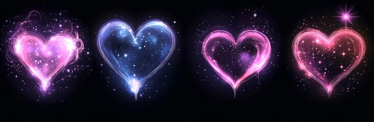 Fantasy design elements for enchanted spell casting include magical glowing wand trails, set with mystical neon curves, shimmering violet sparkles, luminous streaks and ethereal blue swirls on a dark