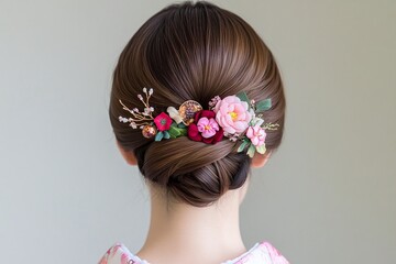 Back view of woman with low chignon decorated with colorful floral clip, soft lighting and minimal background, elegant traditional hairstyle perfect for weddings or spring events