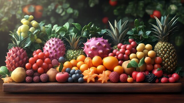 A vibrant assortment of fresh tropical and exotic fruits displayed on a wooden board perfect f