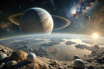 Exploring the breathtaking beauty of distant planets viewed from a rocky moon under a starry cosmos Generative AI