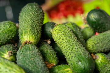Bunch of fresh cucumbers showcasing their bumpy texture, surrounded by colorful produce in a sunny market during late summer afternoons