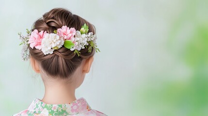 Obraz premium Back view of young girl with braided bun and colorful flower crown, soft pastel background, romantic spring hairstyle with floral decoration, ideal for celebrations or portraits