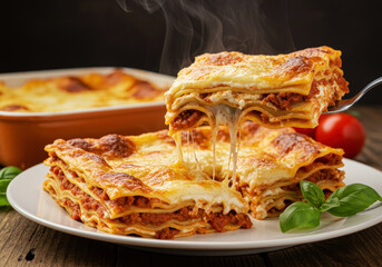 Freshly cut homemade lasagna showing distinct layers of pasta