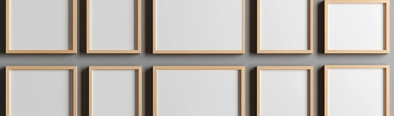 Fototapeta premium Realistic wooden picture frames in various sizes with white matte borders are showcased on a light wall, comprising a classic brown rectangular borders collection ideal for showcasing photos,
