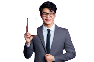 Young business man in suit, wearing eyeglasses, holding blank screen smartphone and pointing to it, copy space for advertising, isolated on purple background PNG