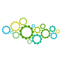 Abstract techno illustration. Composition of different gears connected together. Business mechanism concept. Vector infographic for ecology, service, analytics, seo, digital marketing, communication